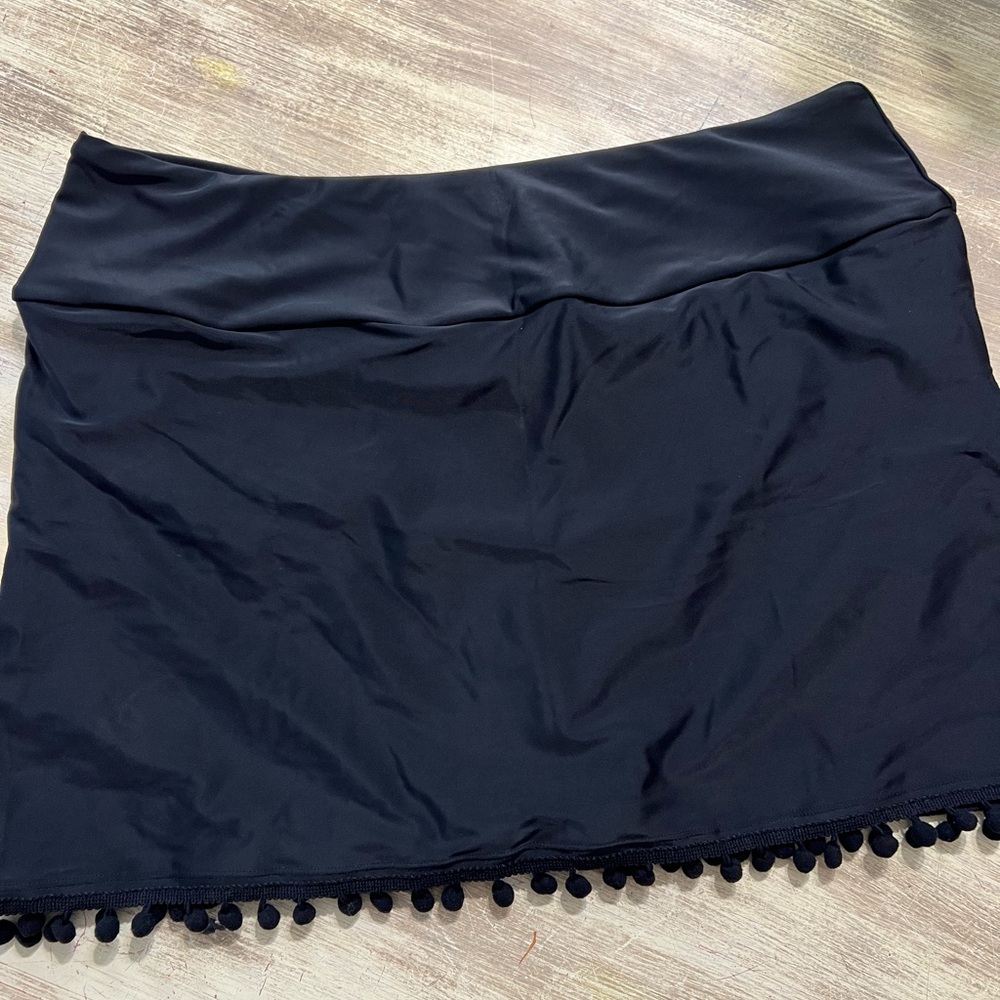 Women’s Black Swim Skirt Bikini Bottom with Pom Trim